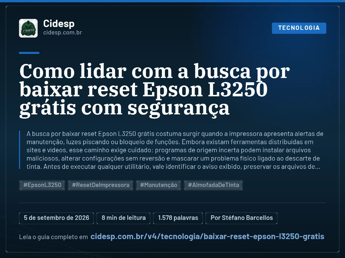 Cartão do artigo “Como lidar com a busca por baixar reset Epson L3250 grátis com segurança”, com resumo, data de publicação e endereço da página.