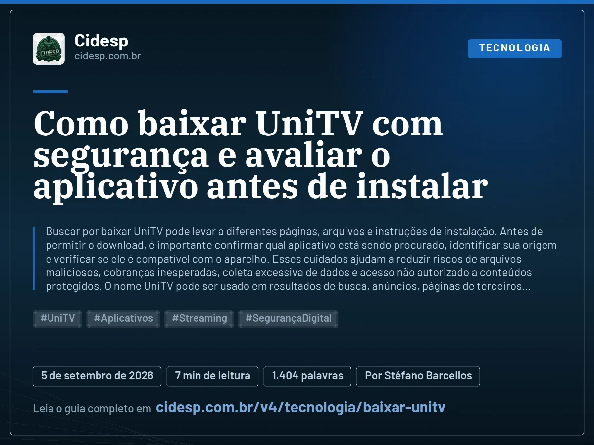 Cartão do artigo “Como baixar UniTV com segurança e avaliar o aplicativo antes de instalar”, com resumo, data de publicação e endereço da página.