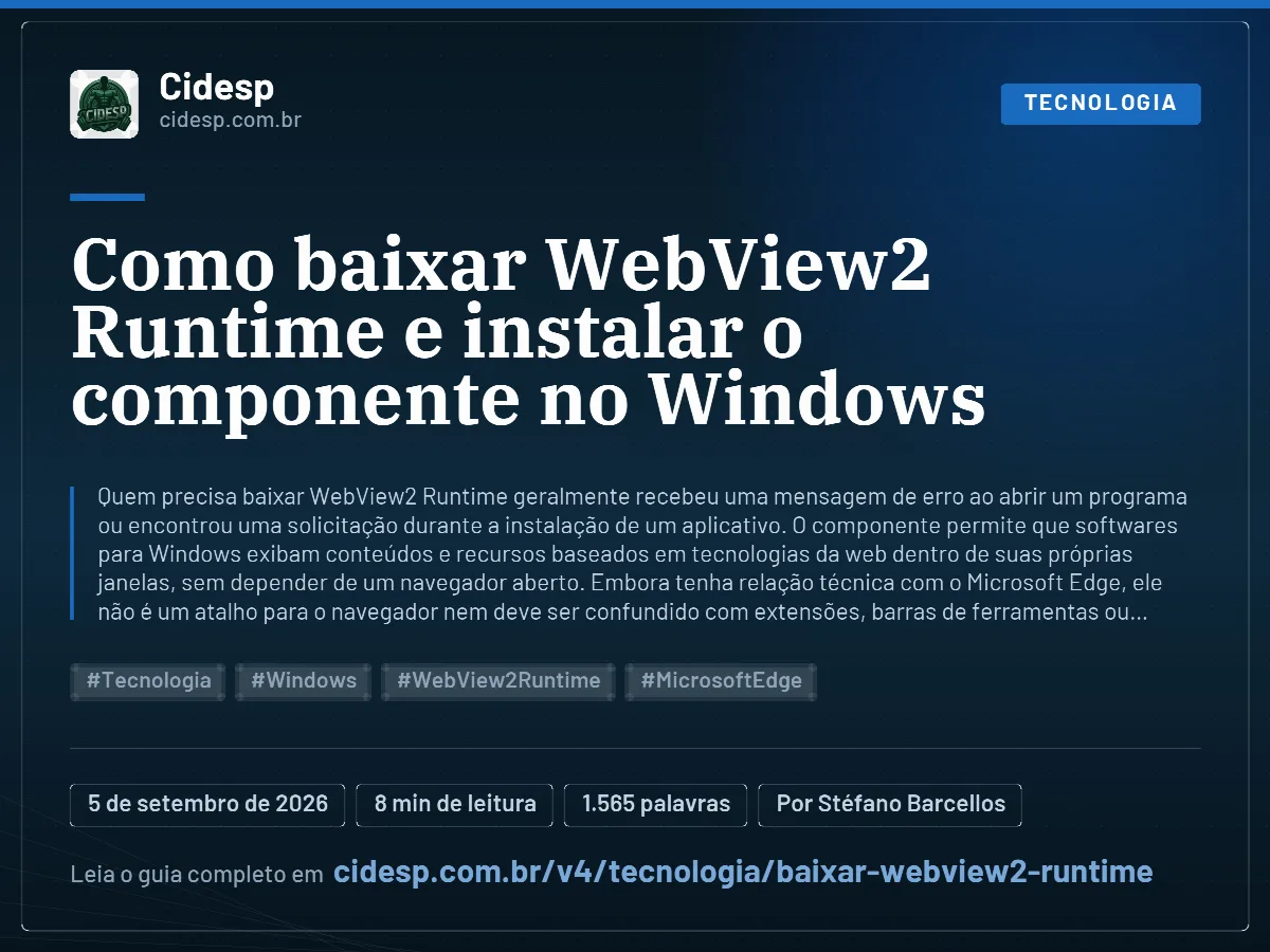 Cartão do artigo “Como baixar WebView2 Runtime e instalar o componente no Windows”, com resumo, data de publicação e endereço da página.