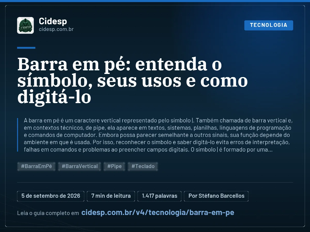 Cartão do artigo “Barra em pé: entenda o símbolo, seus usos e como digitá-lo”, com resumo, data de publicação e endereço da página.