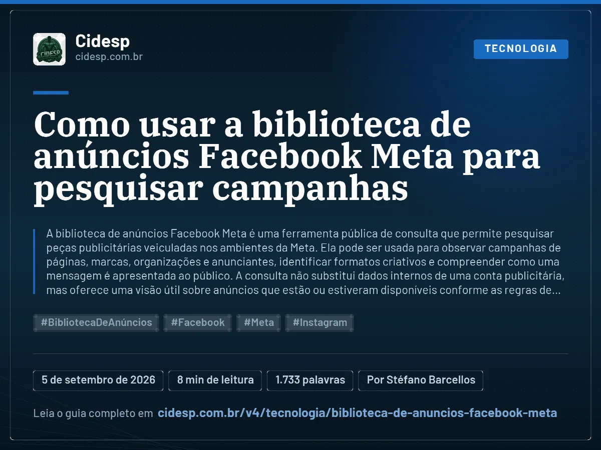 Cartão do artigo “Como usar a biblioteca de anúncios Facebook Meta para pesquisar campanhas”, com resumo, data de publicação e endereço da página.