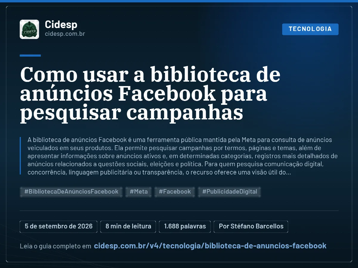 Cartão do artigo “Como usar a biblioteca de anúncios Facebook para pesquisar campanhas”, com resumo, data de publicação e endereço da página.