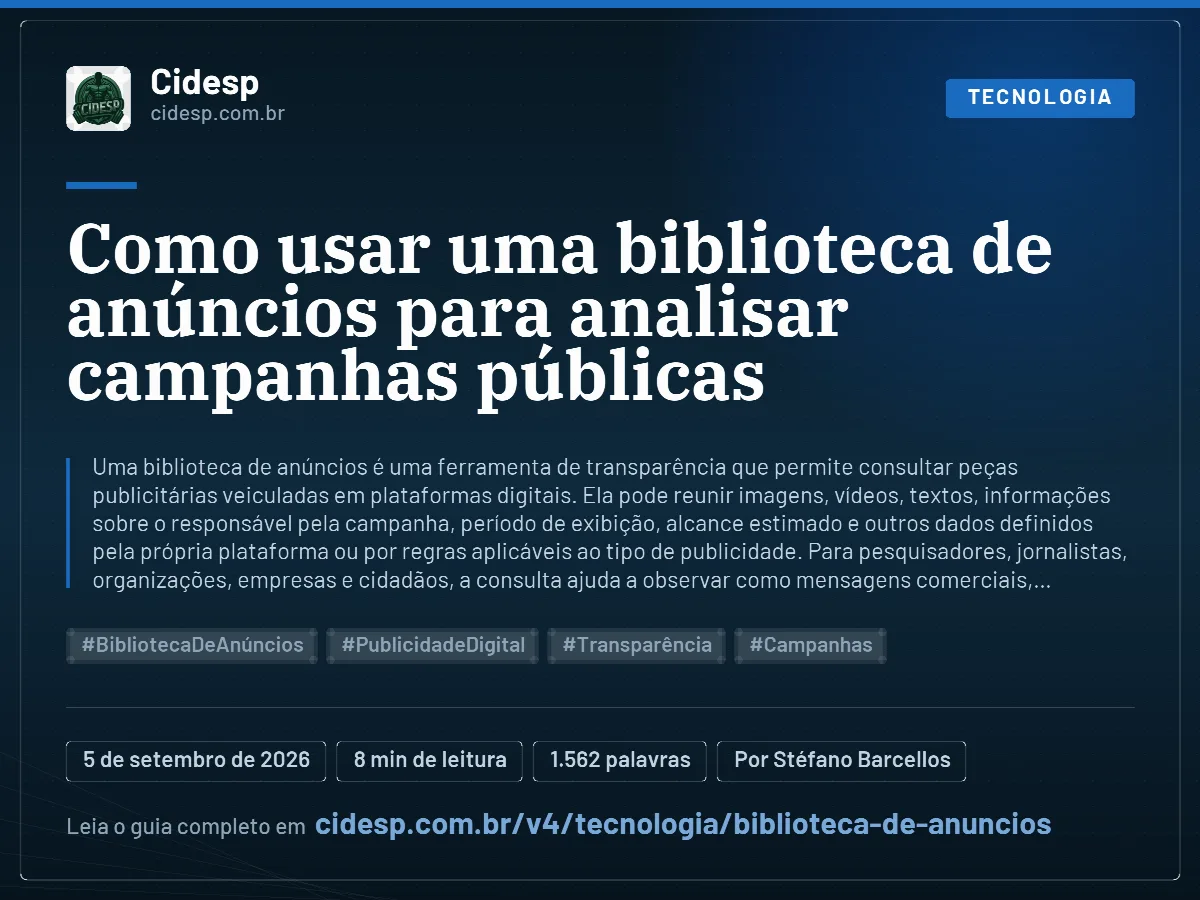 Cartão do artigo “Como usar uma biblioteca de anúncios para analisar campanhas públicas”, com resumo, data de publicação e endereço da página.