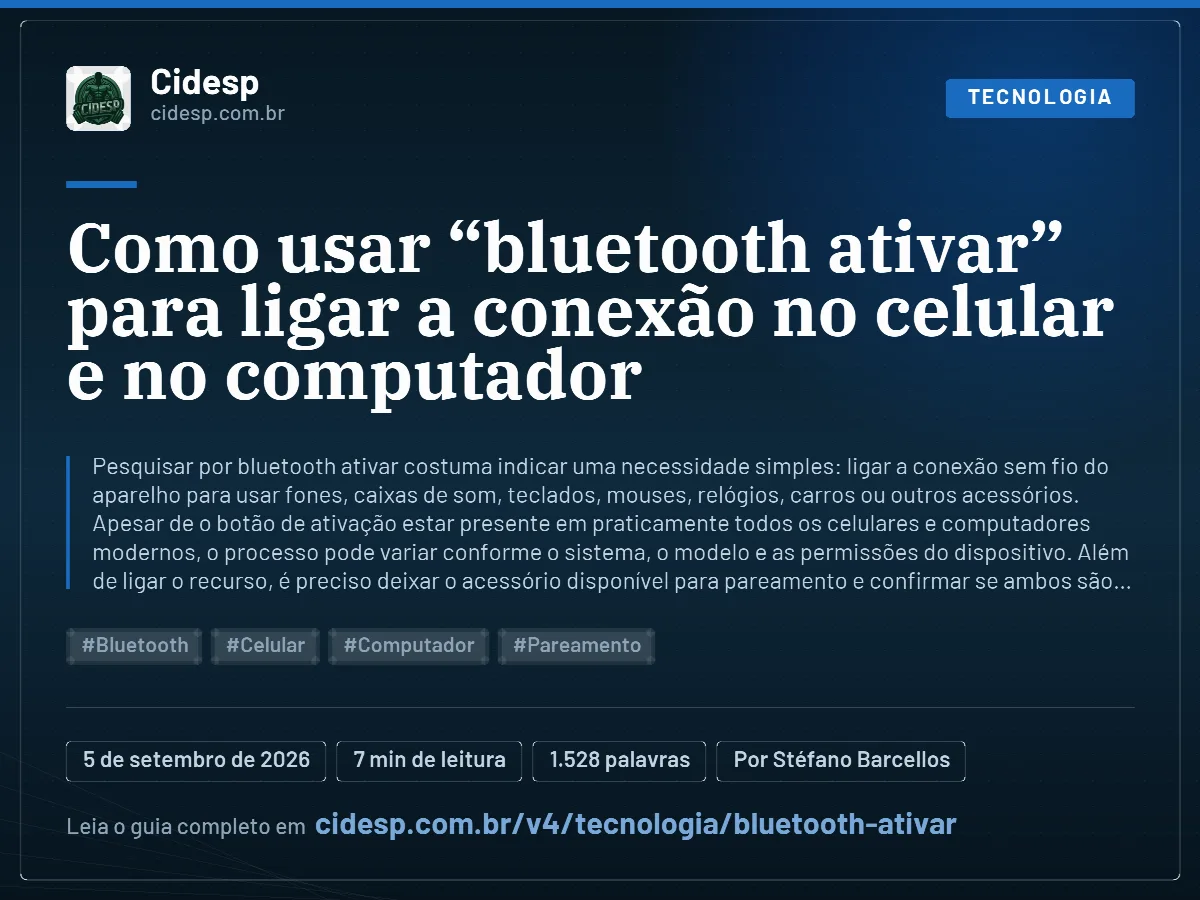 Cartão do artigo “Como usar “bluetooth ativar” para ligar a conexão no celular e no computador”, com resumo, data de publicação e endereço da página.