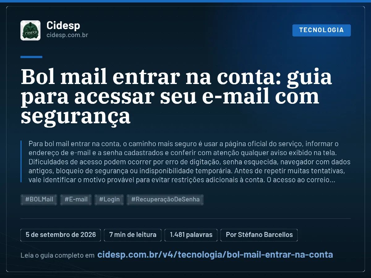 Cartão do artigo “Bol mail entrar na conta: guia para acessar seu e-mail com segurança”, com resumo, data de publicação e endereço da página.