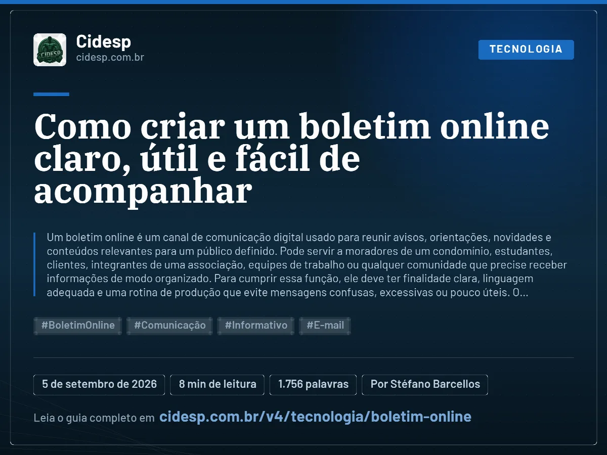 Cartão do artigo “Como criar um boletim online claro, útil e fácil de acompanhar”, com resumo, data de publicação e endereço da página.