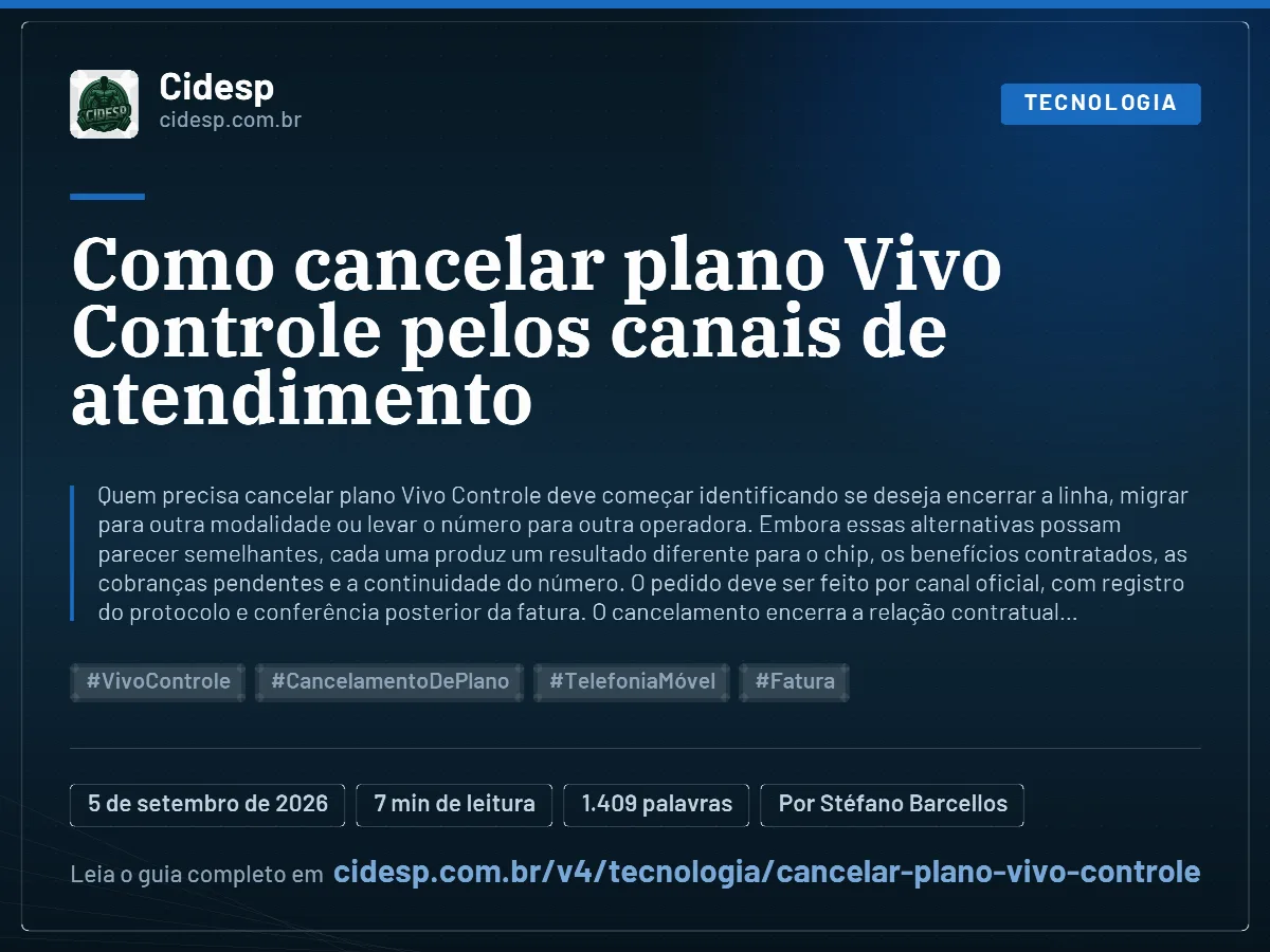 Cartão do artigo “Como cancelar plano Vivo Controle pelos canais de atendimento”, com resumo, data de publicação e endereço da página.