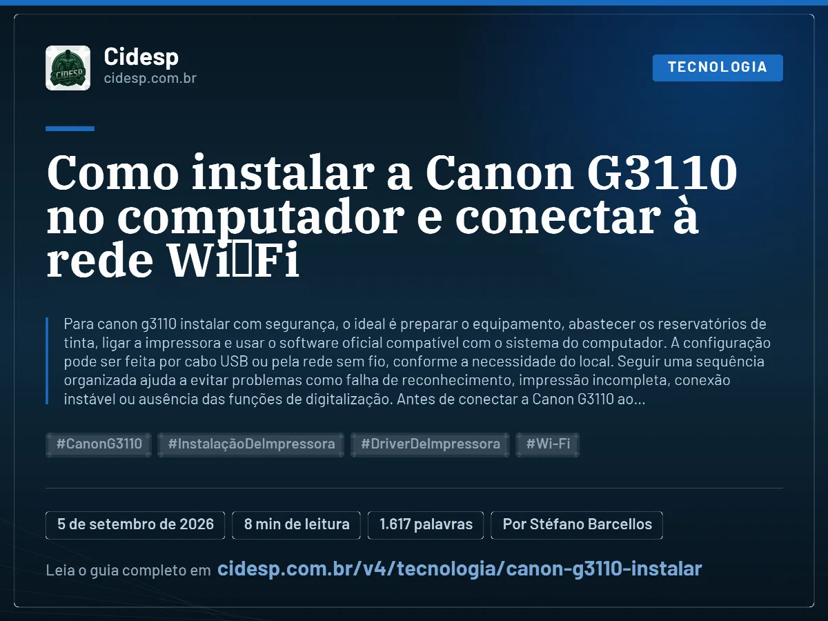 Cartão do artigo “Como instalar a Canon G3110 no computador e conectar à rede Wi‑Fi”, com resumo, data de publicação e endereço da página.