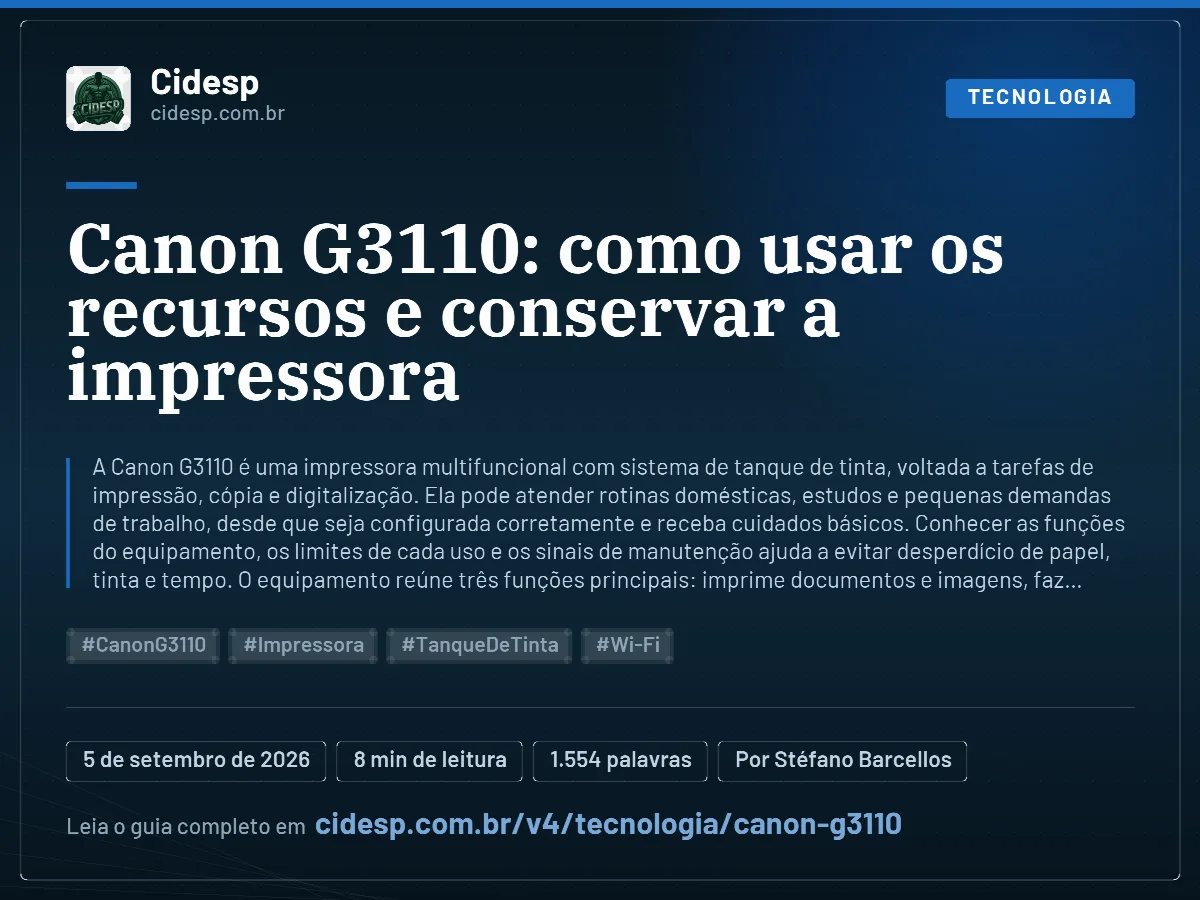 Cartão do artigo “Canon G3110: como usar os recursos e conservar a impressora”, com resumo, data de publicação e endereço da página.