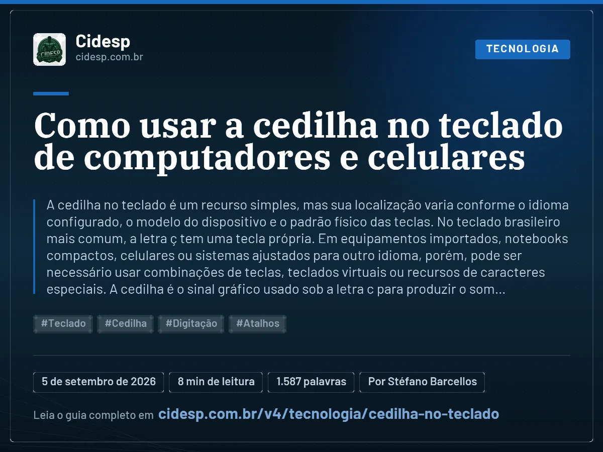 Cartão do artigo “Como usar a cedilha no teclado de computadores e celulares”, com resumo, data de publicação e endereço da página.