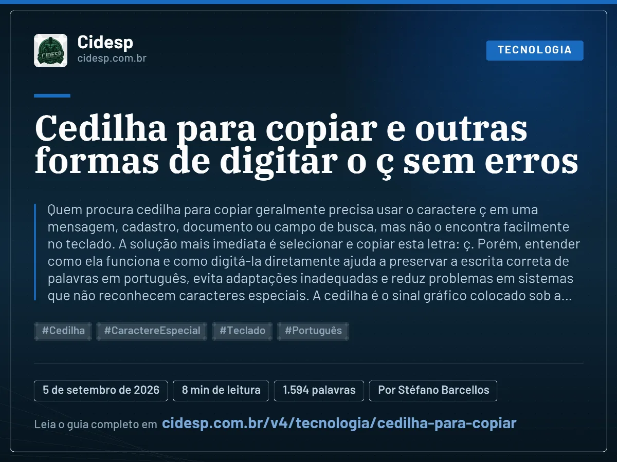 Cartão do artigo “Cedilha para copiar e outras formas de digitar o ç sem erros”, com resumo, data de publicação e endereço da página.
