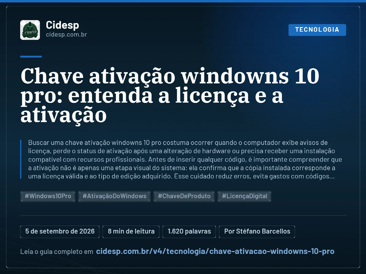 Cartão do artigo “Chave ativação windowns 10 pro: entenda a licença e a ativação”, com resumo, data de publicação e endereço da página.