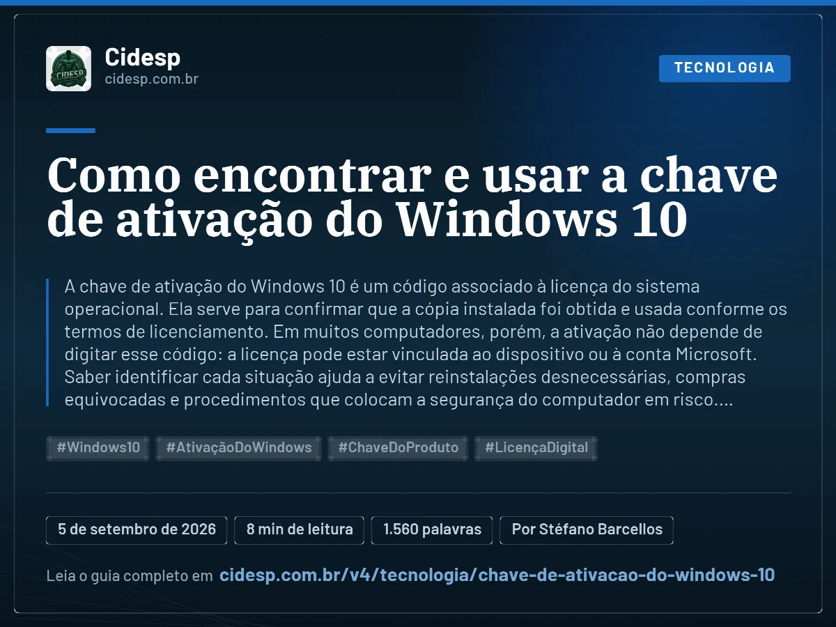 Cartão do artigo “Como encontrar e usar a chave de ativação do Windows 10”, com resumo, data de publicação e endereço da página.