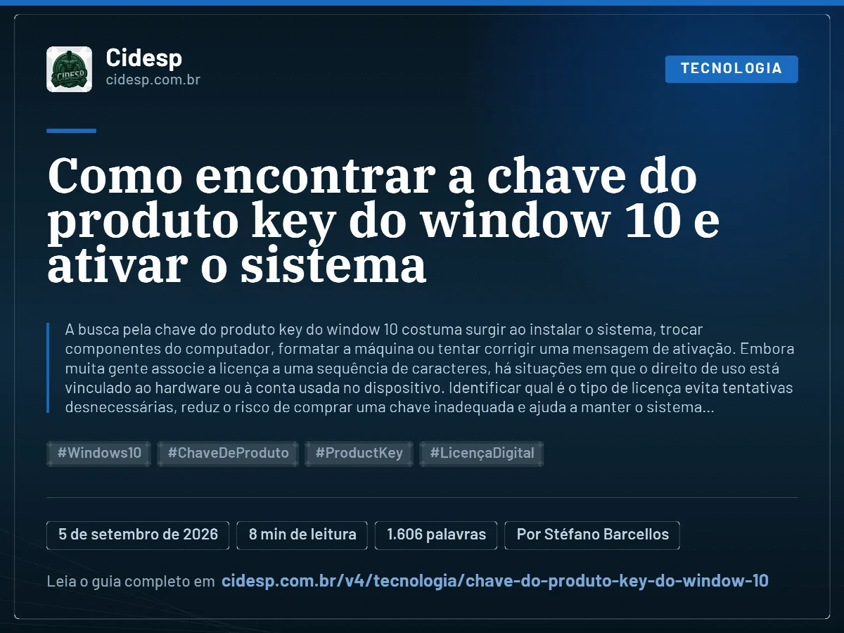 Cartão do artigo “Como encontrar a chave do produto key do window 10 e ativar o sistema”, com resumo, data de publicação e endereço da página.