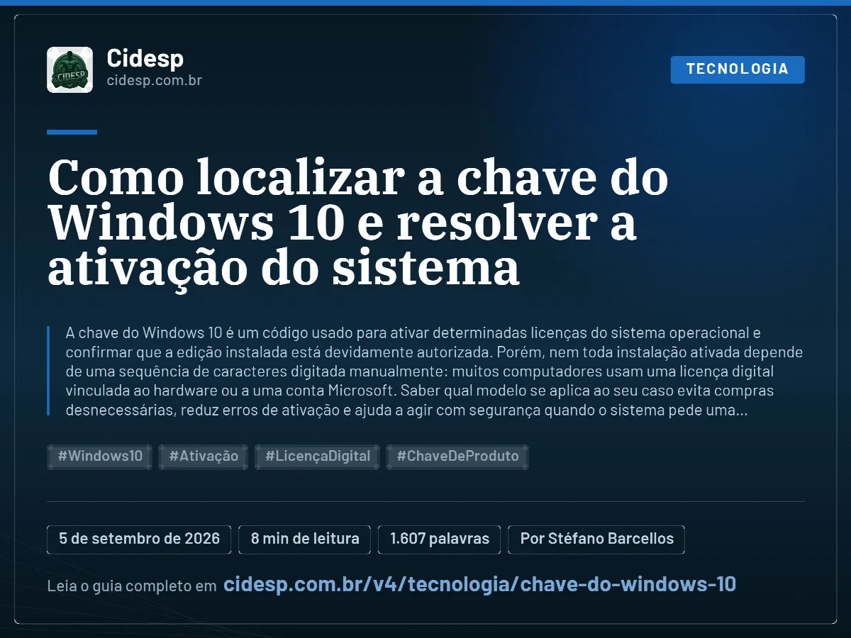 Cartão do artigo “Como localizar a chave do Windows 10 e resolver a ativação do sistema”, com resumo, data de publicação e endereço da página.