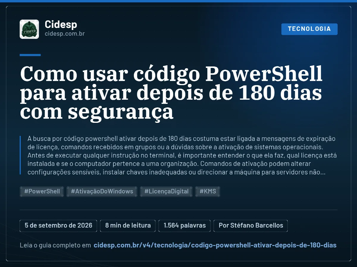 Cartão do artigo “Como usar código PowerShell para ativar depois de 180 dias com segurança”, com resumo, data de publicação e endereço da página.
