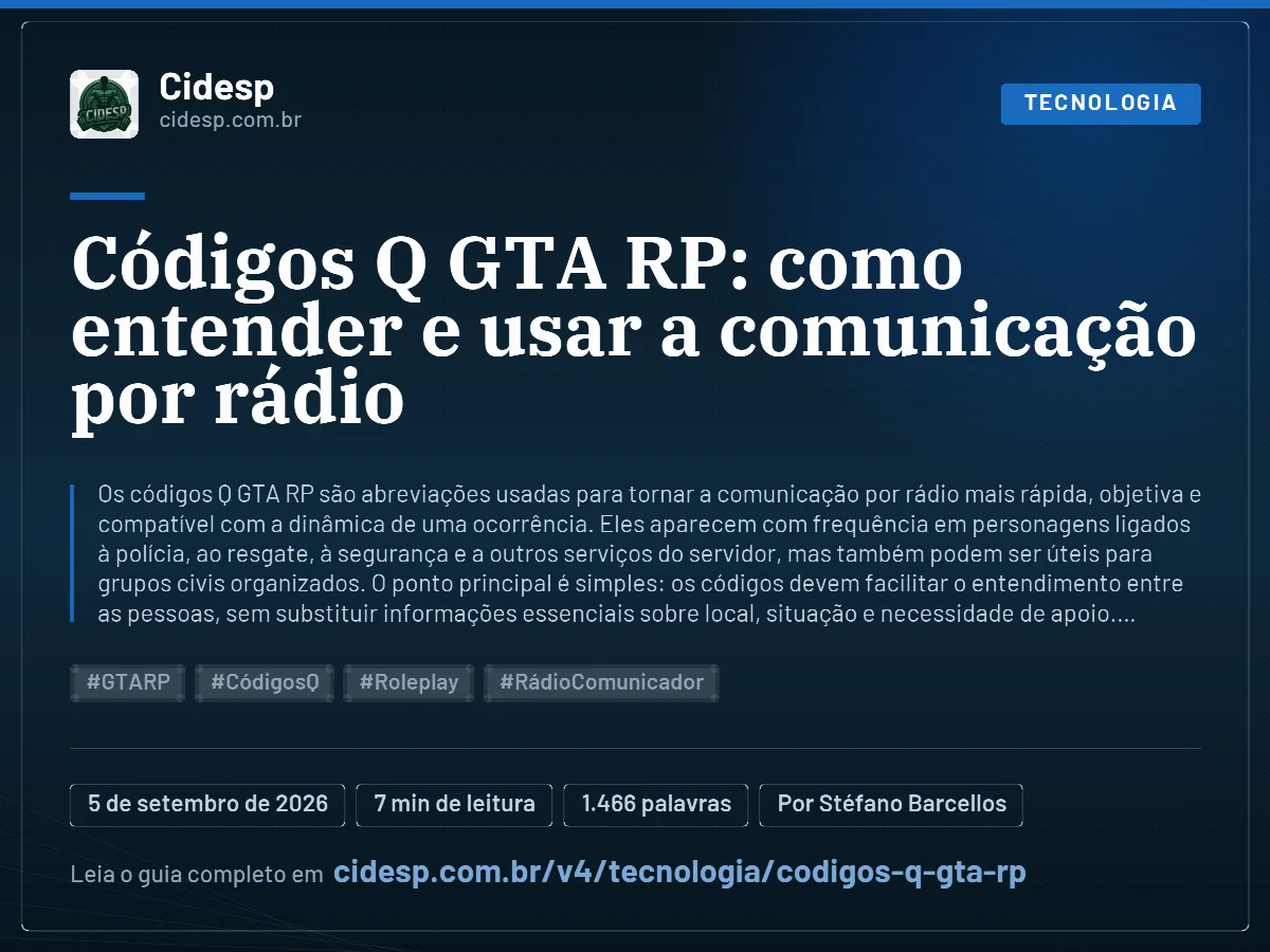 Cartão do artigo “Códigos Q GTA RP: como entender e usar a comunicação por rádio”, com resumo, data de publicação e endereço da página.