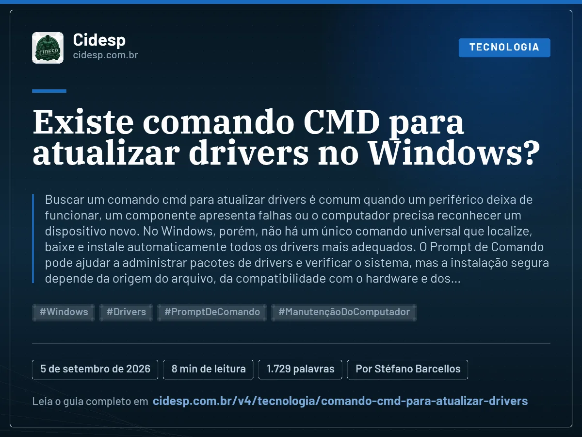 Cartão do artigo “Existe comando CMD para atualizar drivers no Windows?”, com resumo, data de publicação e endereço da página.