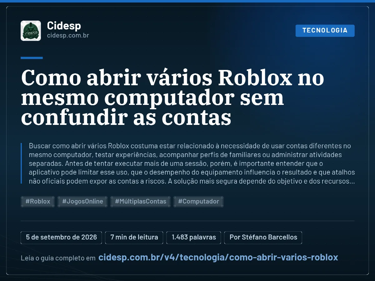 Cartão do artigo “Como abrir vários Roblox no mesmo computador sem confundir as contas”, com resumo, data de publicação e endereço da página.