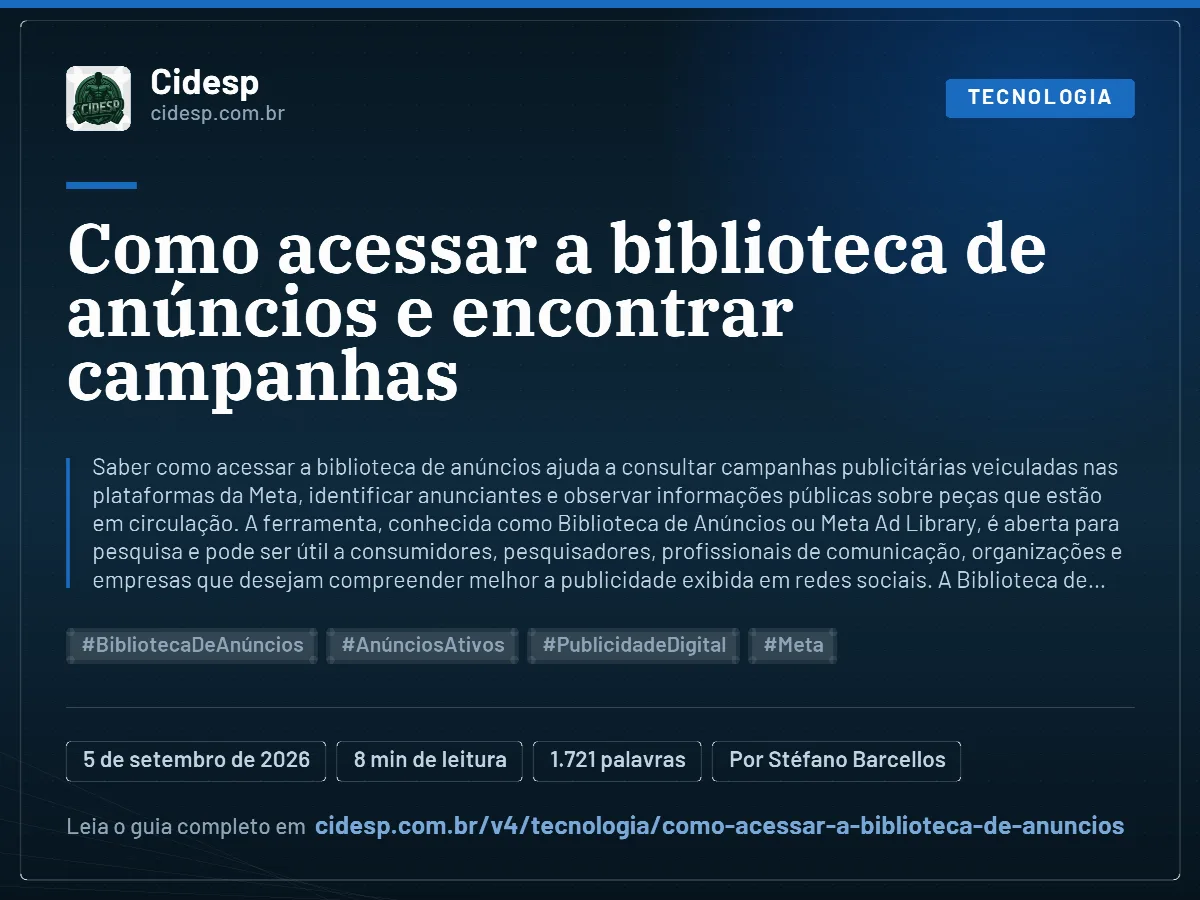 Cartão do artigo “Como acessar a biblioteca de anúncios e encontrar campanhas”, com resumo, data de publicação e endereço da página.