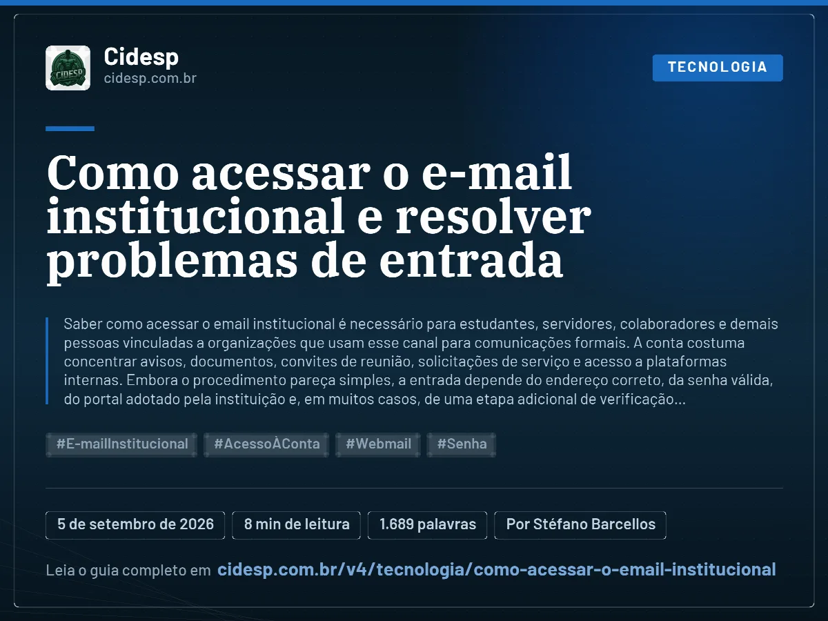 Cartão do artigo “Como acessar o e-mail institucional e resolver problemas de entrada”, com resumo, data de publicação e endereço da página.