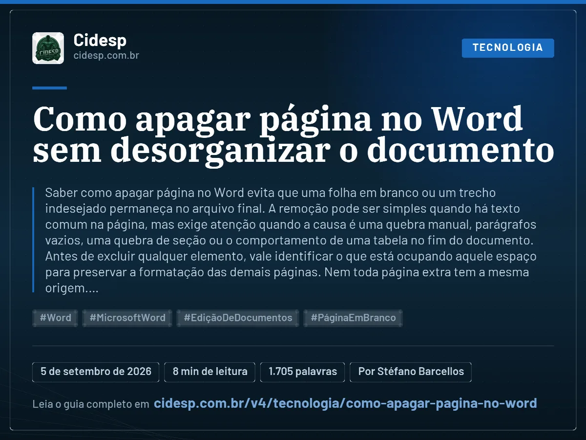 Cartão do artigo “Como apagar página no Word sem desorganizar o documento”, com resumo, data de publicação e endereço da página.