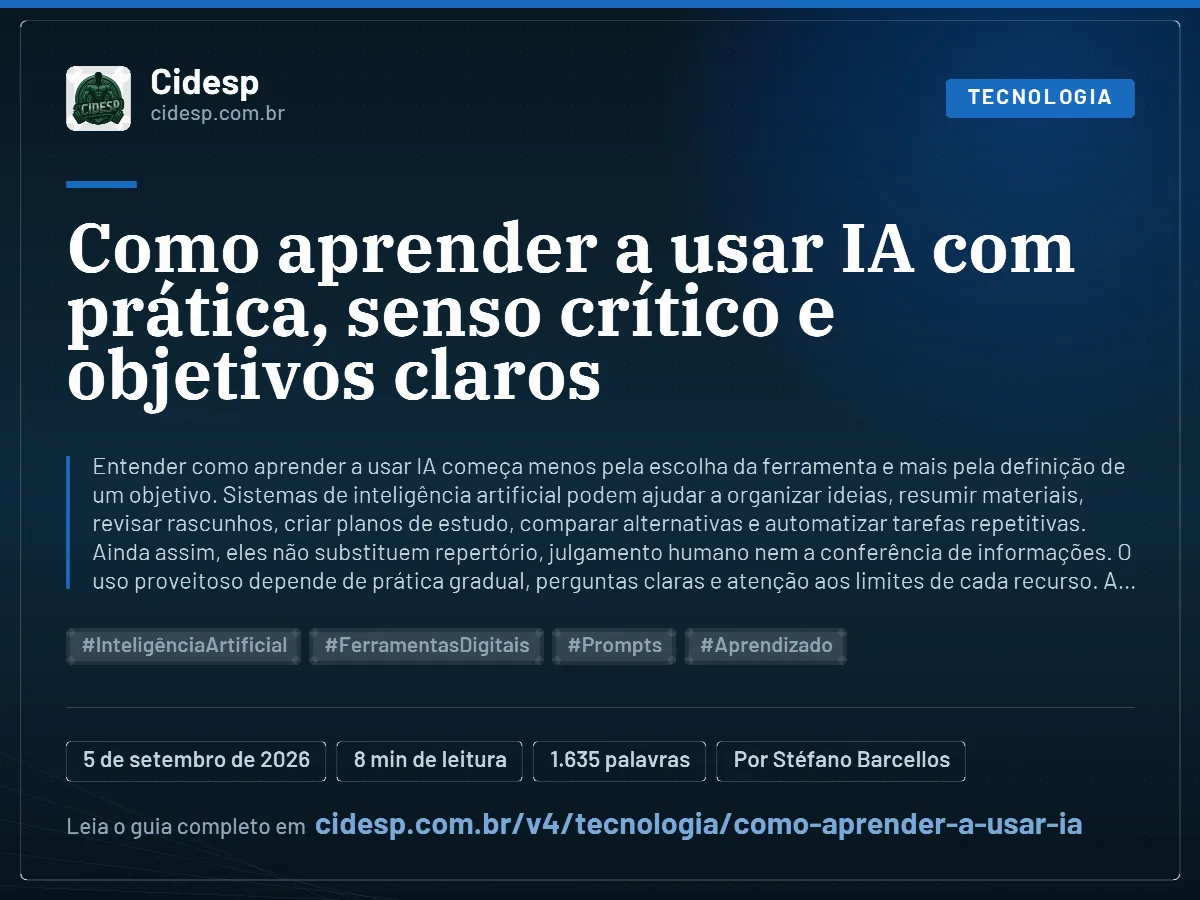 Cartão do artigo “Como aprender a usar IA com prática, senso crítico e objetivos claros”, com resumo, data de publicação e endereço da página.