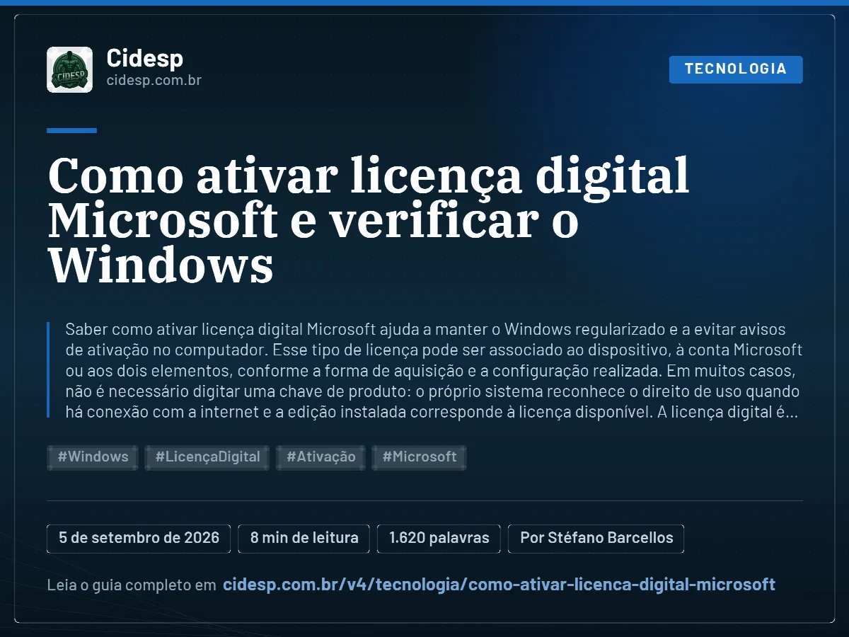 Cartão do artigo “Como ativar licença digital Microsoft e verificar o Windows”, com resumo, data de publicação e endereço da página.