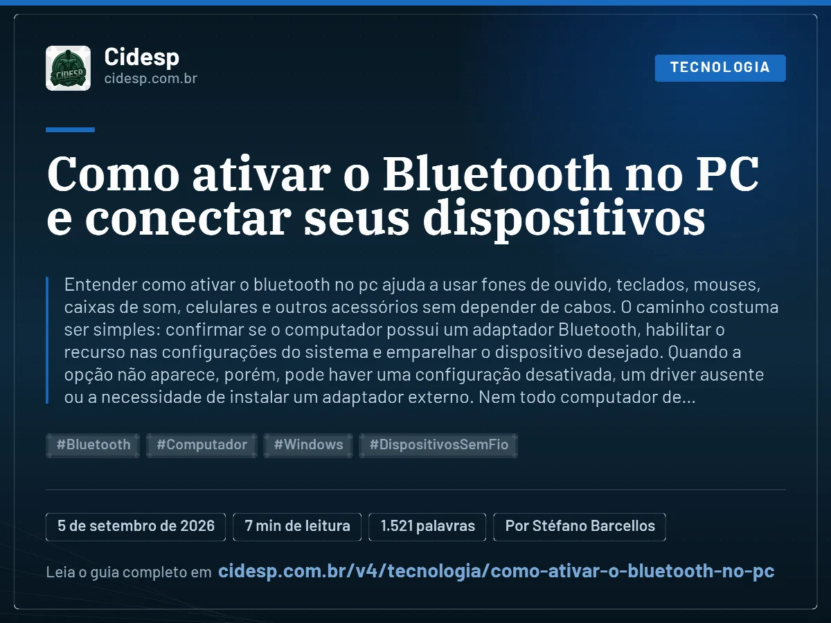 Cartão do artigo “Como ativar o Bluetooth no PC e conectar seus dispositivos”, com resumo, data de publicação e endereço da página.