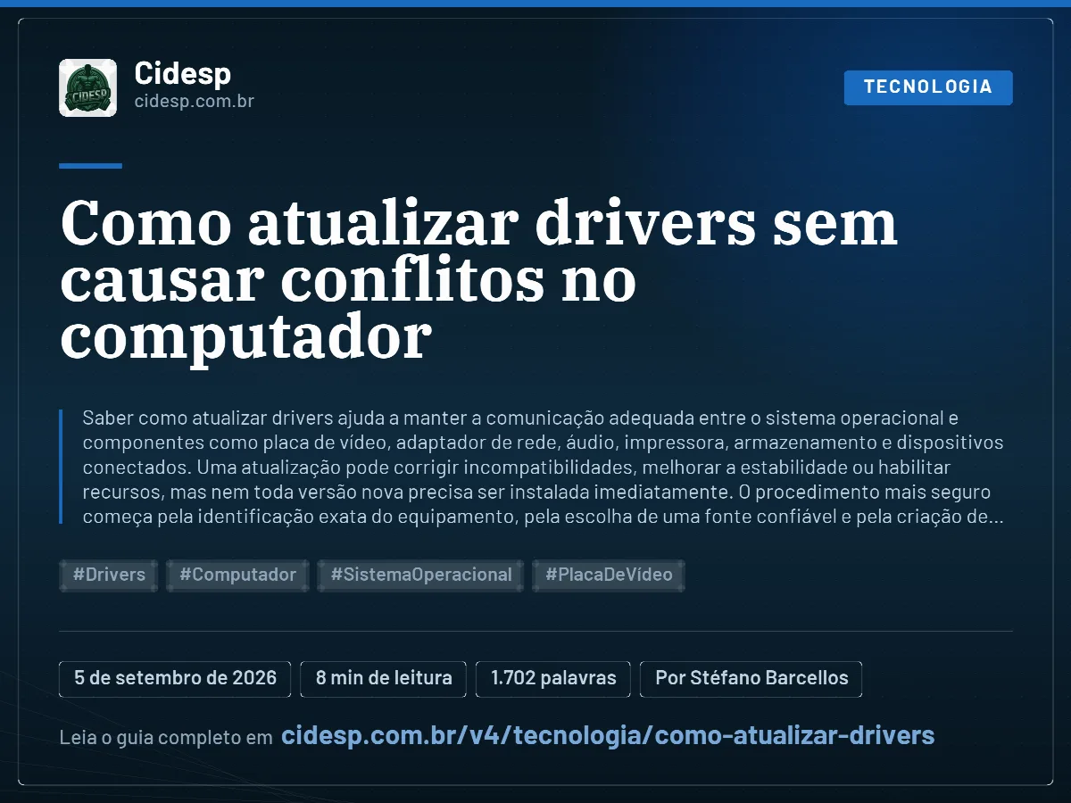 Cartão do artigo “Como atualizar drivers sem causar conflitos no computador”, com resumo, data de publicação e endereço da página.