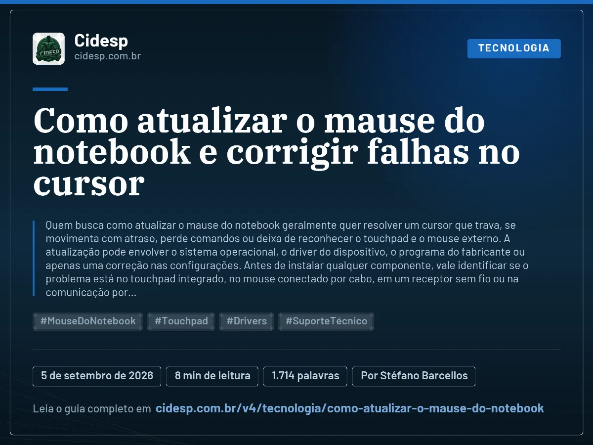 Cartão do artigo “Como atualizar o mause do notebook e corrigir falhas no cursor”, com resumo, data de publicação e endereço da página.