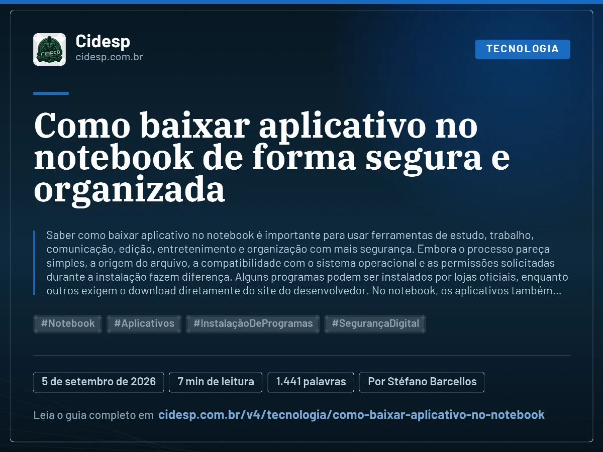 Cartão do artigo “Como baixar aplicativo no notebook de forma segura e organizada”, com resumo, data de publicação e endereço da página.