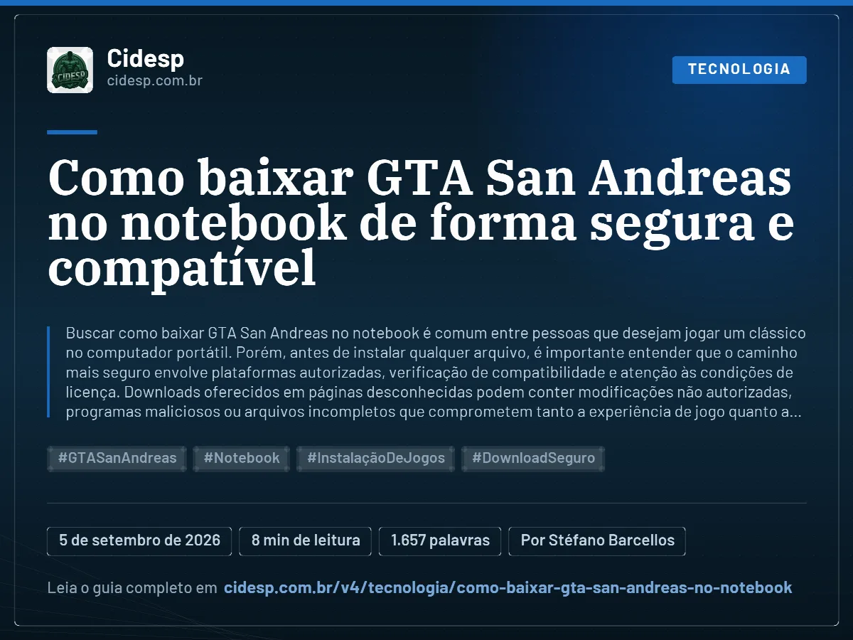 Cartão do artigo “Como baixar GTA San Andreas no notebook de forma segura e compatível”, com resumo, data de publicação e endereço da página.