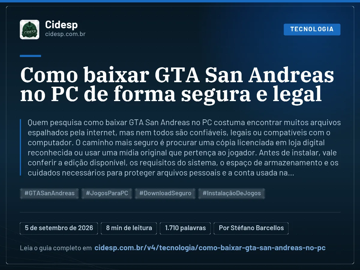 Cartão do artigo “Como baixar GTA San Andreas no PC de forma segura e legal”, com resumo, data de publicação e endereço da página.