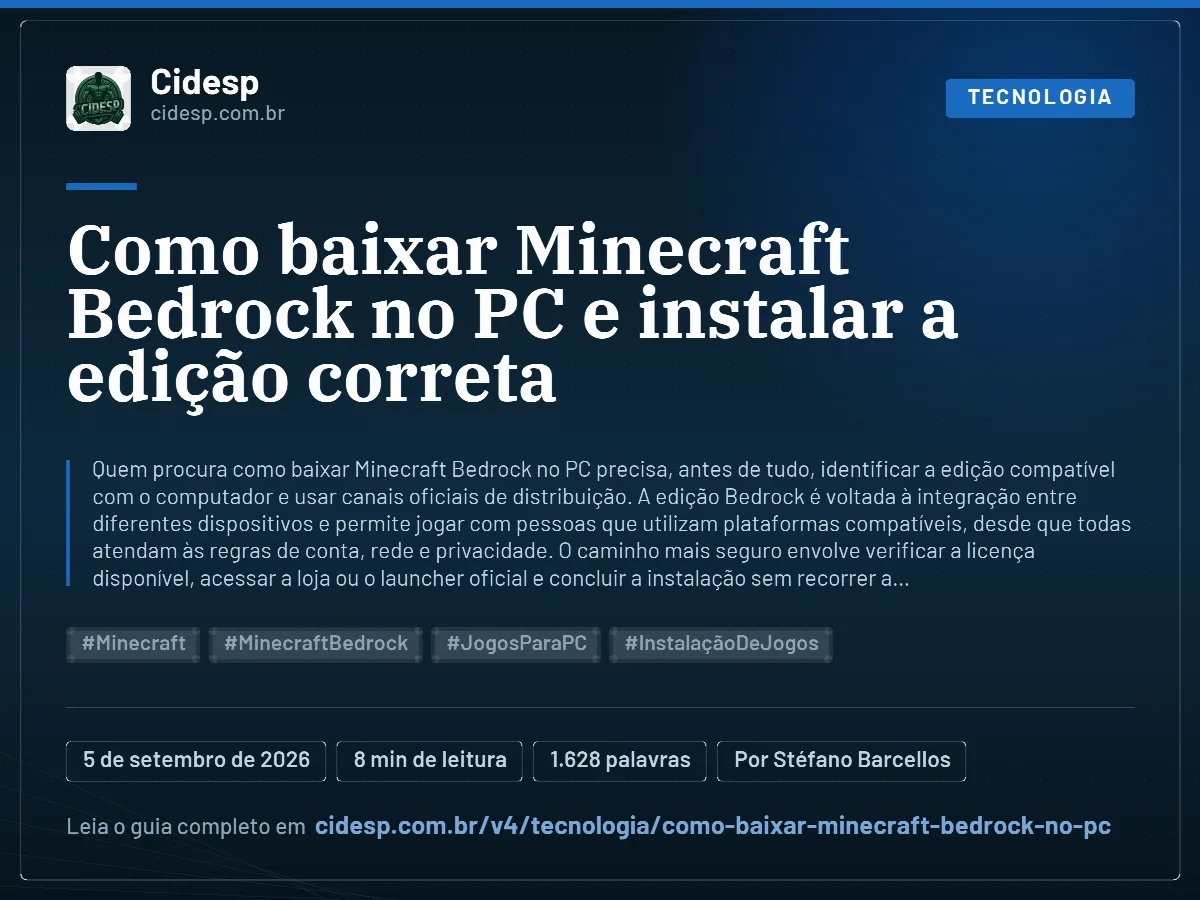 Cartão do artigo “Como baixar Minecraft Bedrock no PC e instalar a edição correta”, com resumo, data de publicação e endereço da página.