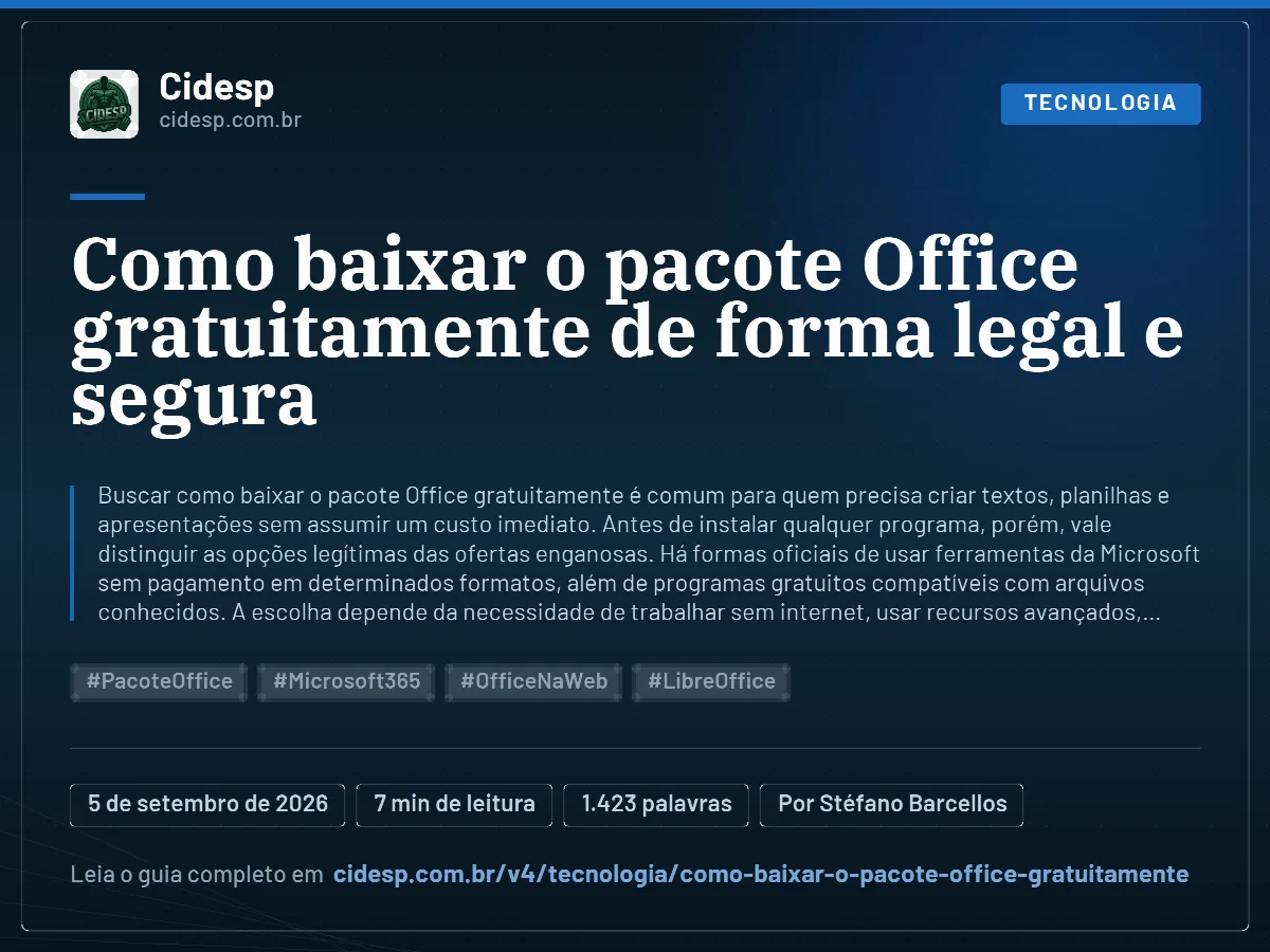 Cartão do artigo “Como baixar o pacote Office gratuitamente de forma legal e segura”, com resumo, data de publicação e endereço da página.