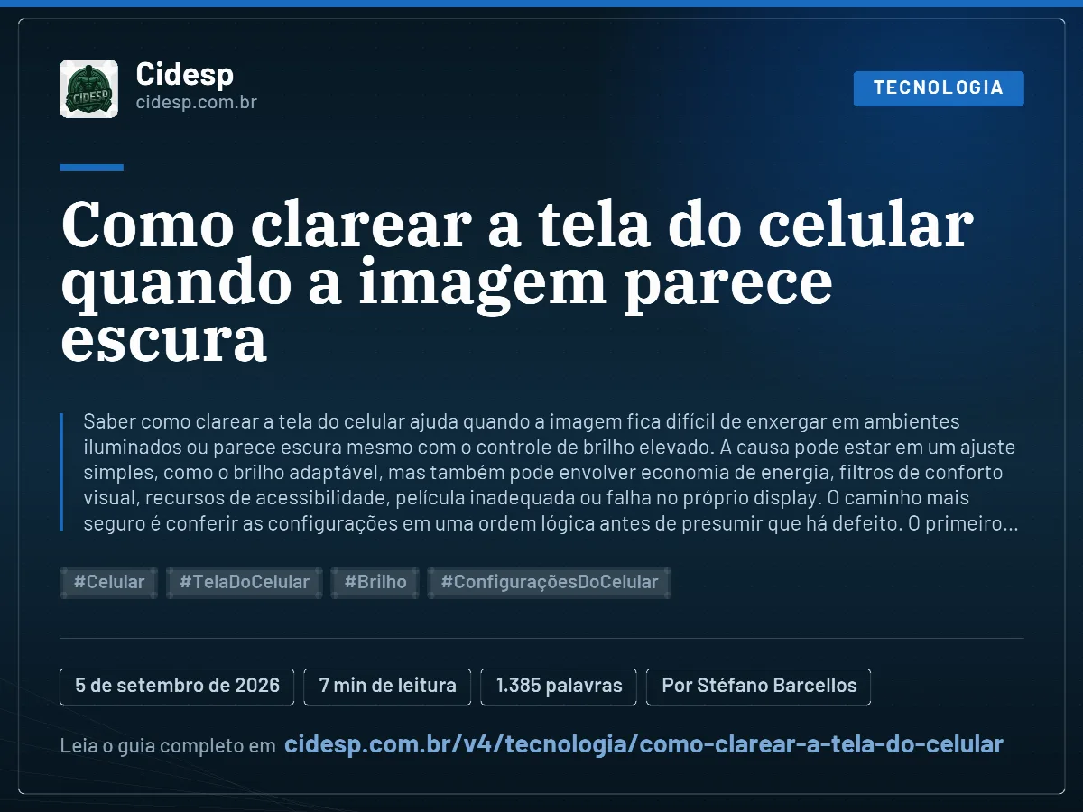 Cartão do artigo “Como clarear a tela do celular quando a imagem parece escura”, com resumo, data de publicação e endereço da página.