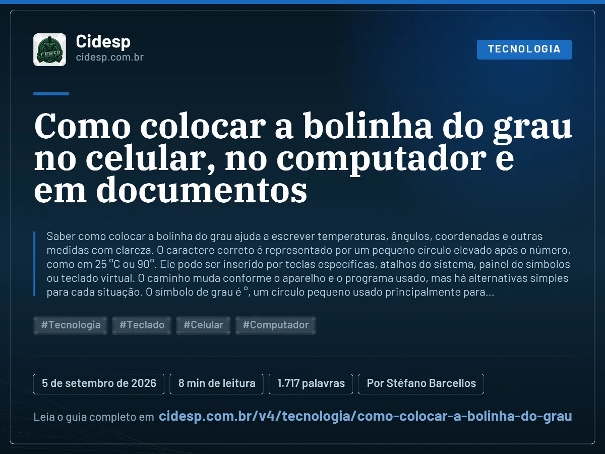 Cartão do artigo “Como colocar a bolinha do grau no celular, no computador e em documentos”, com resumo, data de publicação e endereço da página.
