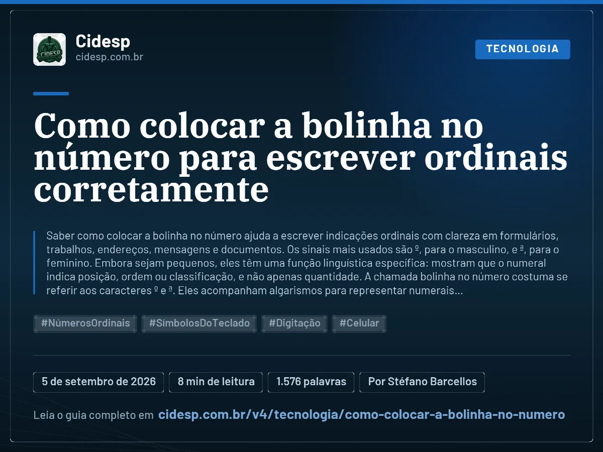 Cartão do artigo “Como colocar a bolinha no número para escrever ordinais corretamente”, com resumo, data de publicação e endereço da página.