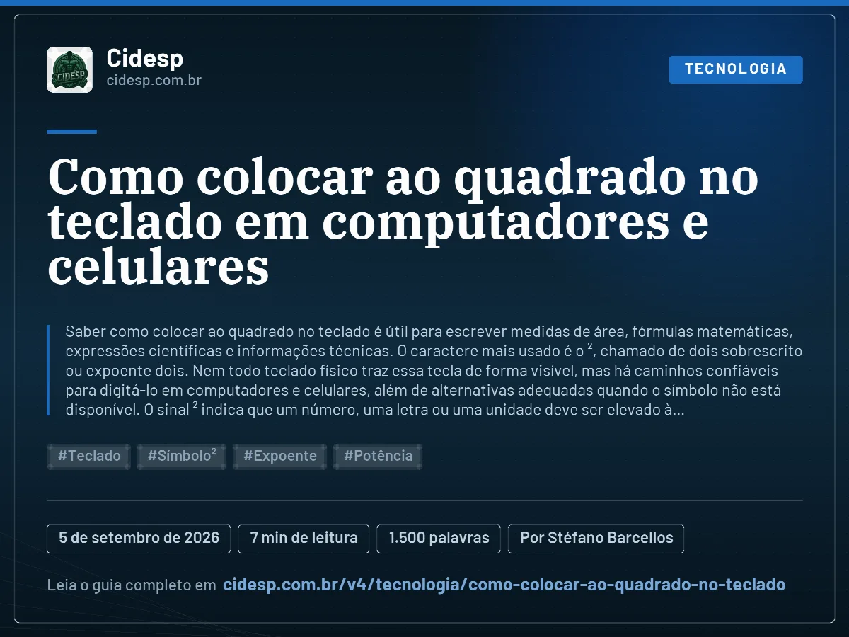Cartão do artigo “Como colocar ao quadrado no teclado em computadores e celulares”, com resumo, data de publicação e endereço da página.