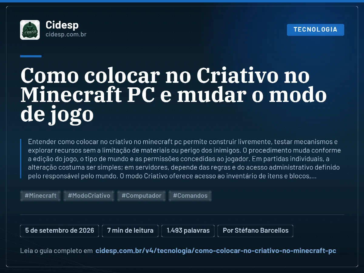 Cartão do artigo “Como colocar no Criativo no Minecraft PC e mudar o modo de jogo”, com resumo, data de publicação e endereço da página.