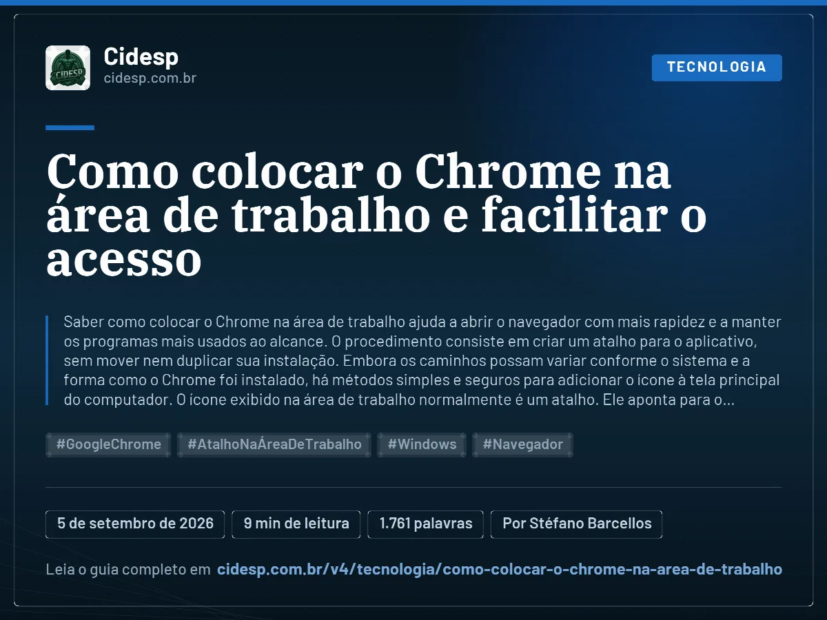 Cartão do artigo “Como colocar o Chrome na área de trabalho e facilitar o acesso”, com resumo, data de publicação e endereço da página.