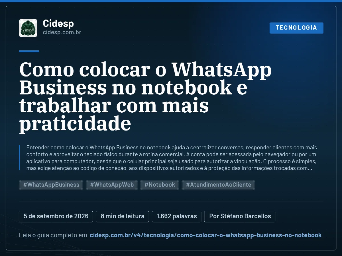 Cartão do artigo “Como colocar o WhatsApp Business no notebook e trabalhar com mais praticidade”, com resumo, data de publicação e endereço da página.