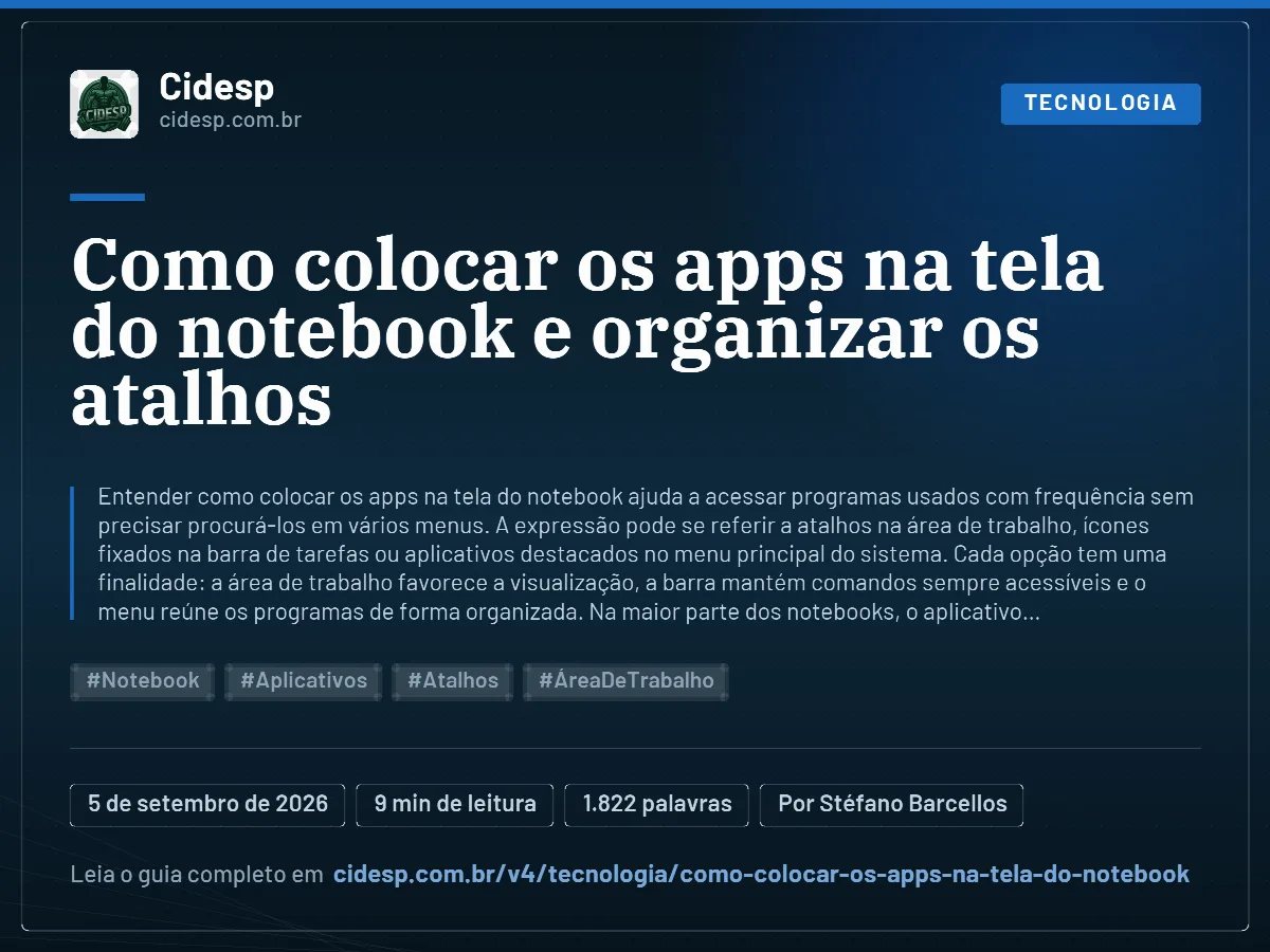 Cartão do artigo “Como colocar os apps na tela do notebook e organizar os atalhos”, com resumo, data de publicação e endereço da página.
