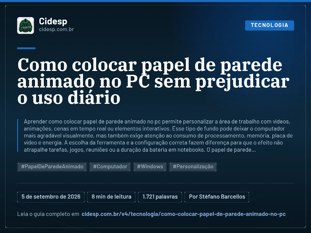 Cartão do artigo “Como colocar papel de parede animado no PC sem prejudicar o uso diário”, com resumo, data de publicação e endereço da página.