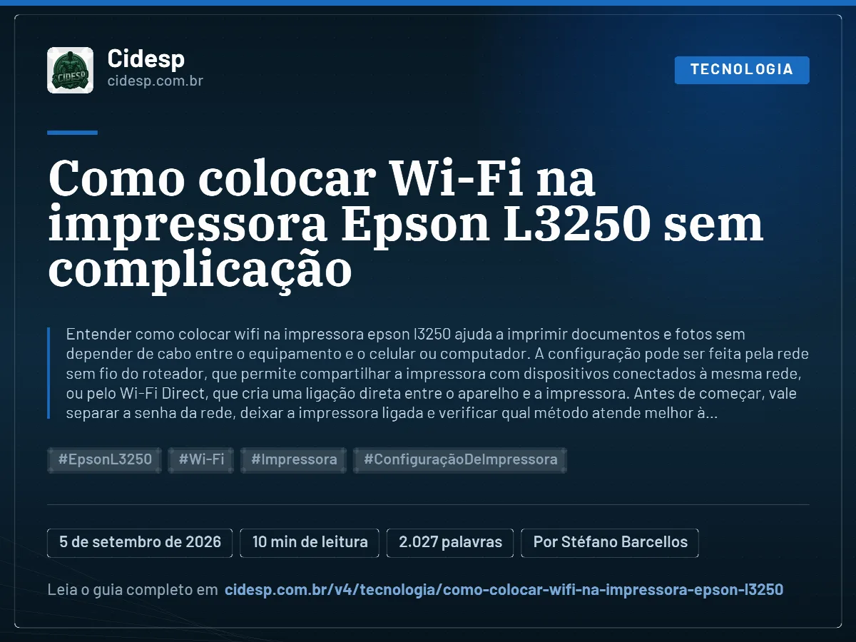 Cartão do artigo “Como colocar Wi-Fi na impressora Epson L3250 sem complicação”, com resumo, data de publicação e endereço da página.