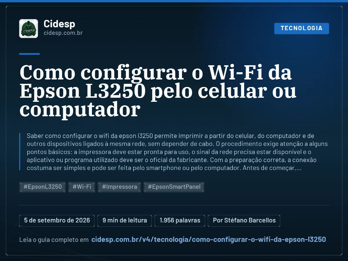 Cartão do artigo “Como configurar o Wi-Fi da Epson L3250 pelo celular ou computador”, com resumo, data de publicação e endereço da página.