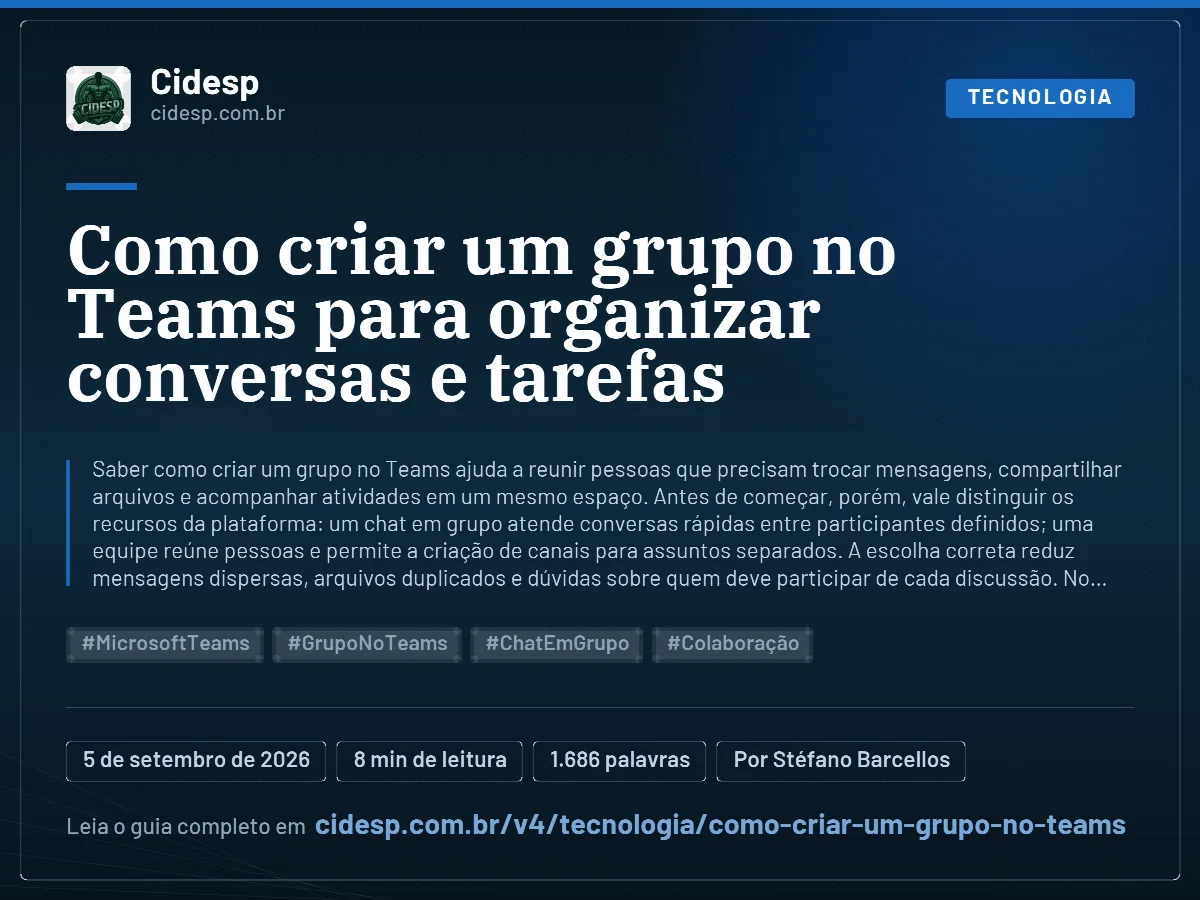 Cartão do artigo “Como criar um grupo no Teams para organizar conversas e tarefas”, com resumo, data de publicação e endereço da página.