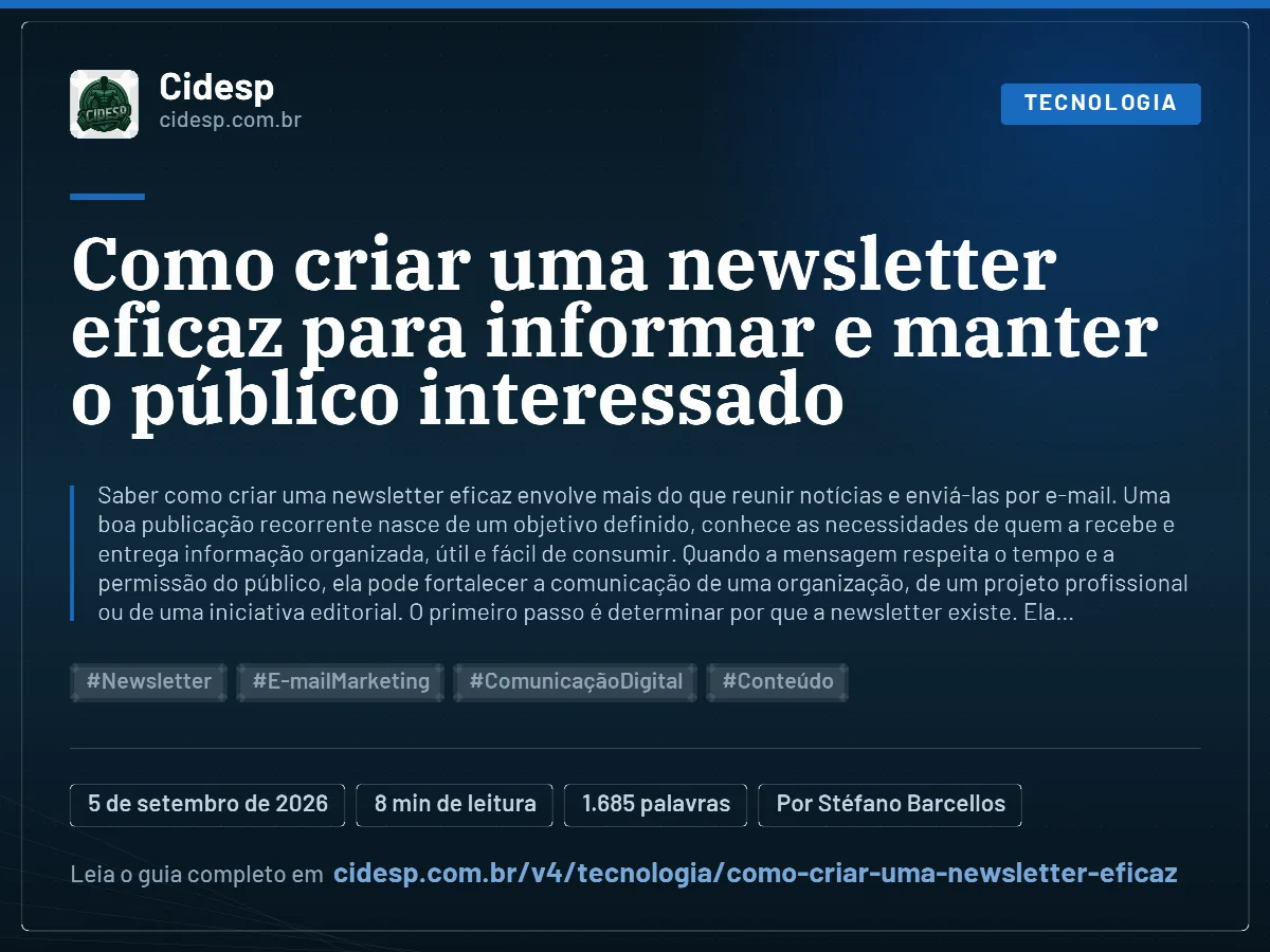 Cartão do artigo “Como criar uma newsletter eficaz para informar e manter o público interessado”, com resumo, data de publicação e endereço da página.