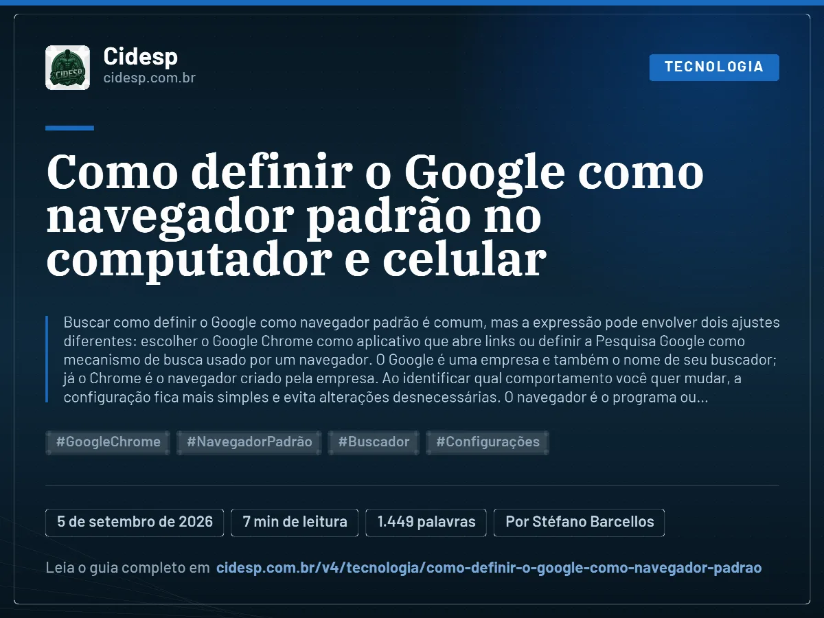 Cartão do artigo “Como definir o Google como navegador padrão no computador e celular”, com resumo, data de publicação e endereço da página.